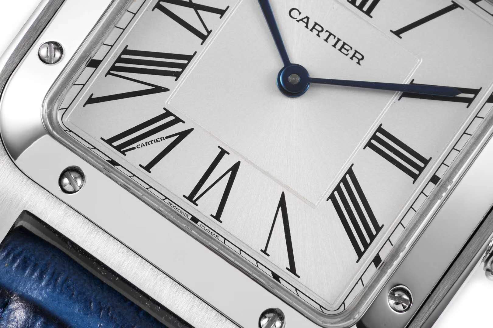 Santos-Dumont White Dial in Steel on Blue Leather Strap